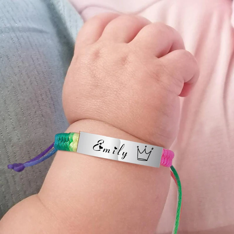 

Personalized Name Children Baby ID Bracelet Engraved Logo Date Adjustable Rope Chains Wristband for Boy Girl 5inch to 8.6inch