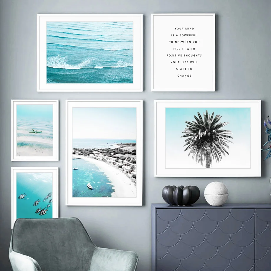 

Blue Sea Beach Coconut Tree Fish Seascape Wall Art Canvas Painting Nordic Posters And Prints Wall Pictures For Living Room Decor