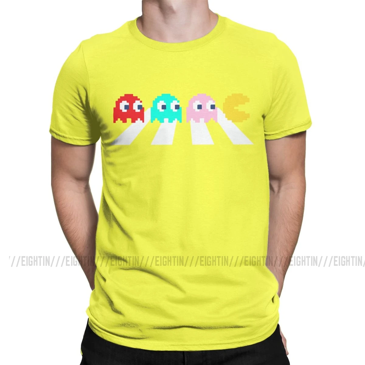 Ghosts On Abbey Road Футболка "Pac-Man" для мужчин 80s ретро Пиксельная игра Креативные хлопковые футболки с коротким рукавом Футболка 6XL Топы - Цвет: Цвет: желтый