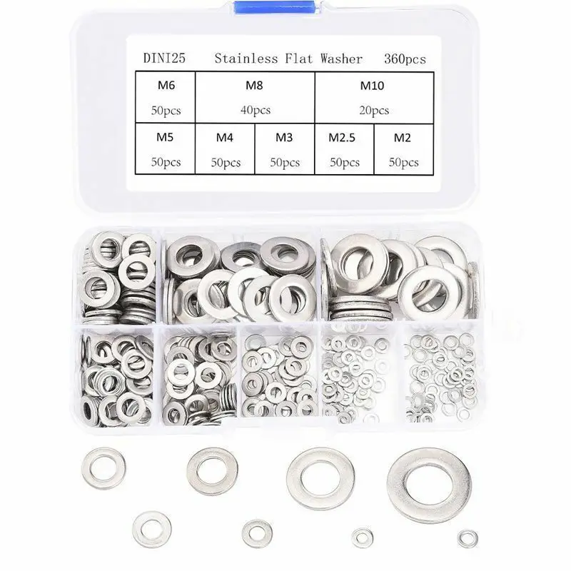

360Pcs/set M2 M2.5 M3 M4 M5 M6 M8 M10 Stainless Steel Flat Washer Plain Washer Seal Ring Fitting