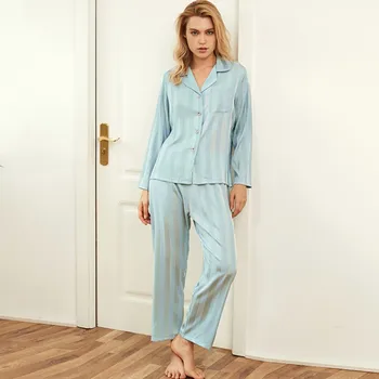 

Women' s Solid Color Long-sleeved Silk Pajamas Suit Women Loose Casual Turn Down Collar Home Wear