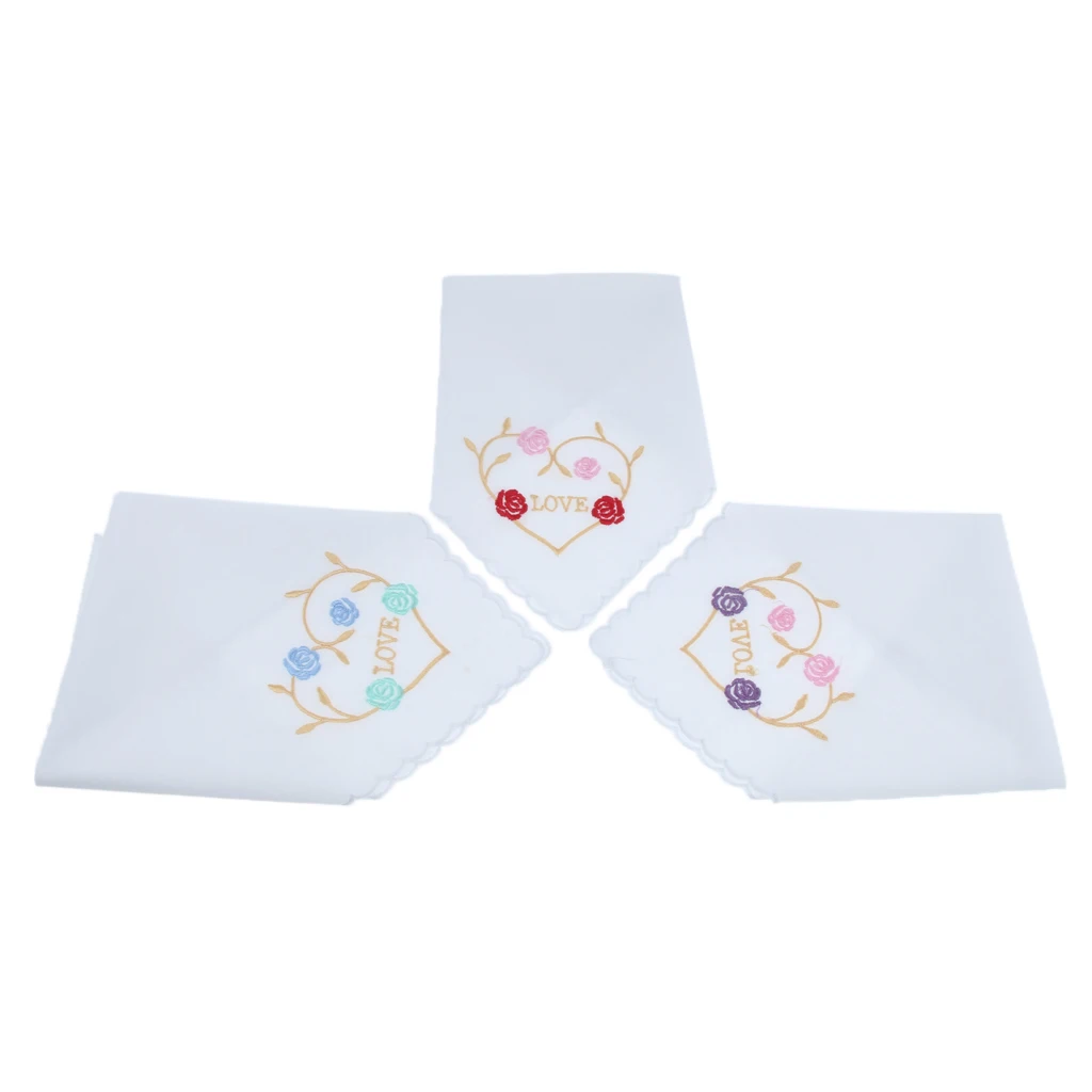 Ladies Ladies Cotton Heart Floral Embroidery Handkerchiefs Hanky ​​Set From 3