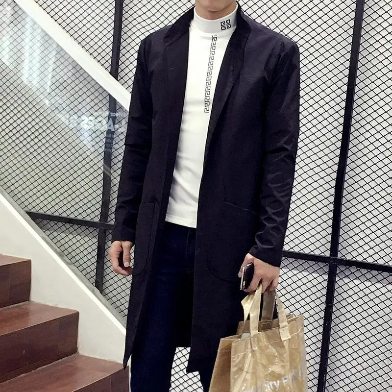 

M-3XL Plain Color Autumn Long Sleeve Windbreaker Korean Fashion Clothing Male Trench Coat Light Weight Spring Long Coat Men
