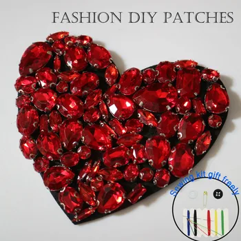

3D Handmade rhinestone sequins Patches for clothes Red heart DIY sew on parches Embroidery beaded appliques