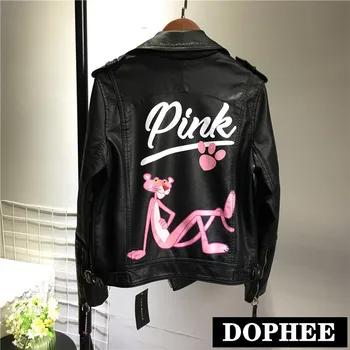 

Tigger Printed Leather Jacket New Autumn Women's Short PU Leather Jacket Pink Panther Zipper Motorcycle Leather Coat