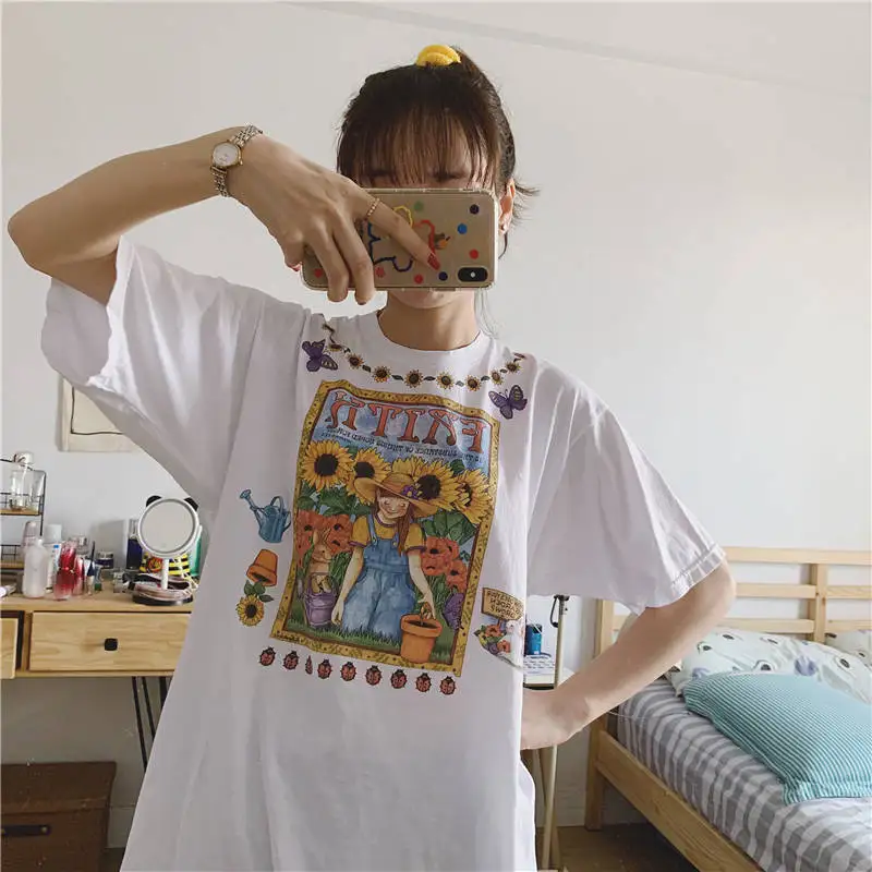 Harajuku Sleeve Shirt PARK flower Print Vintage T-shirt Streetwear Oversize top женские футболки Clothes Short tee Gothic Tshirt