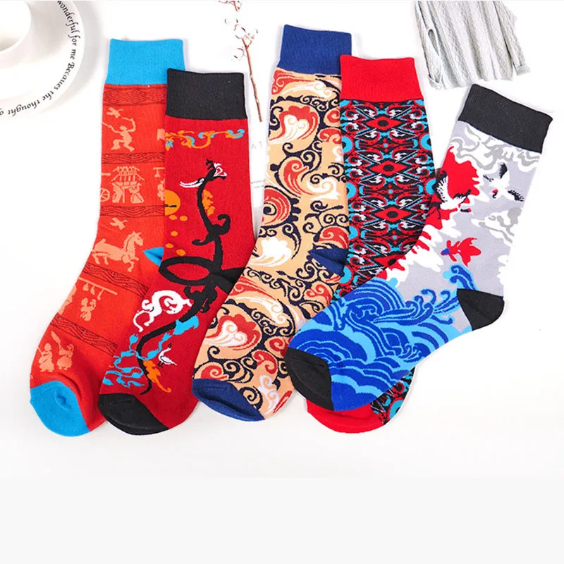 Модные креативные китайские мужчины женщины пары носки уличные тренды Harajuku милые хип хоп кран Карп облако узор счастливые забавные носки