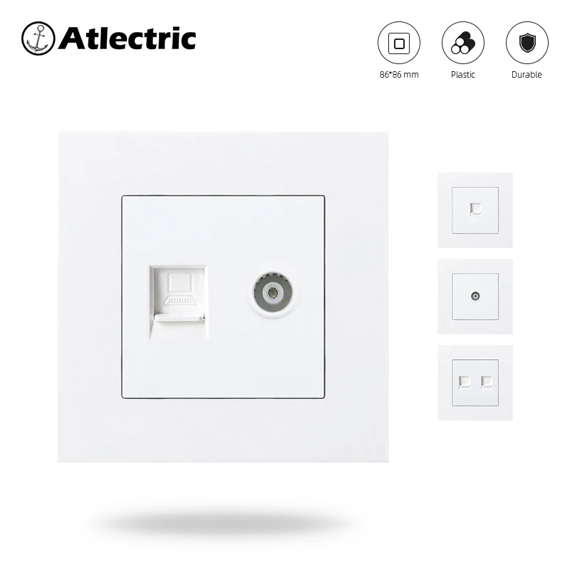 

Atlectric PC Plastic Panel Internet TV Socket Rj45 With TV Socket Dual Rj45 Port Data Socket Outlet Plug 86mm*86mm