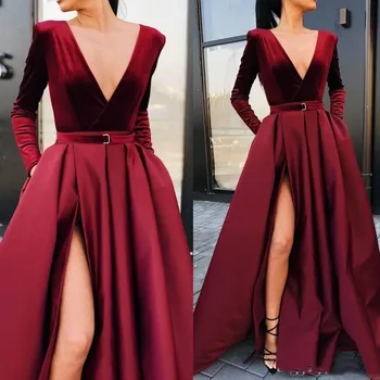 

2020 Elegant Burgundy Long Sleeves Evening Dresses Vintage Deep V Neck A-line Prom Gown Plus Size Satin Formal Party Dress