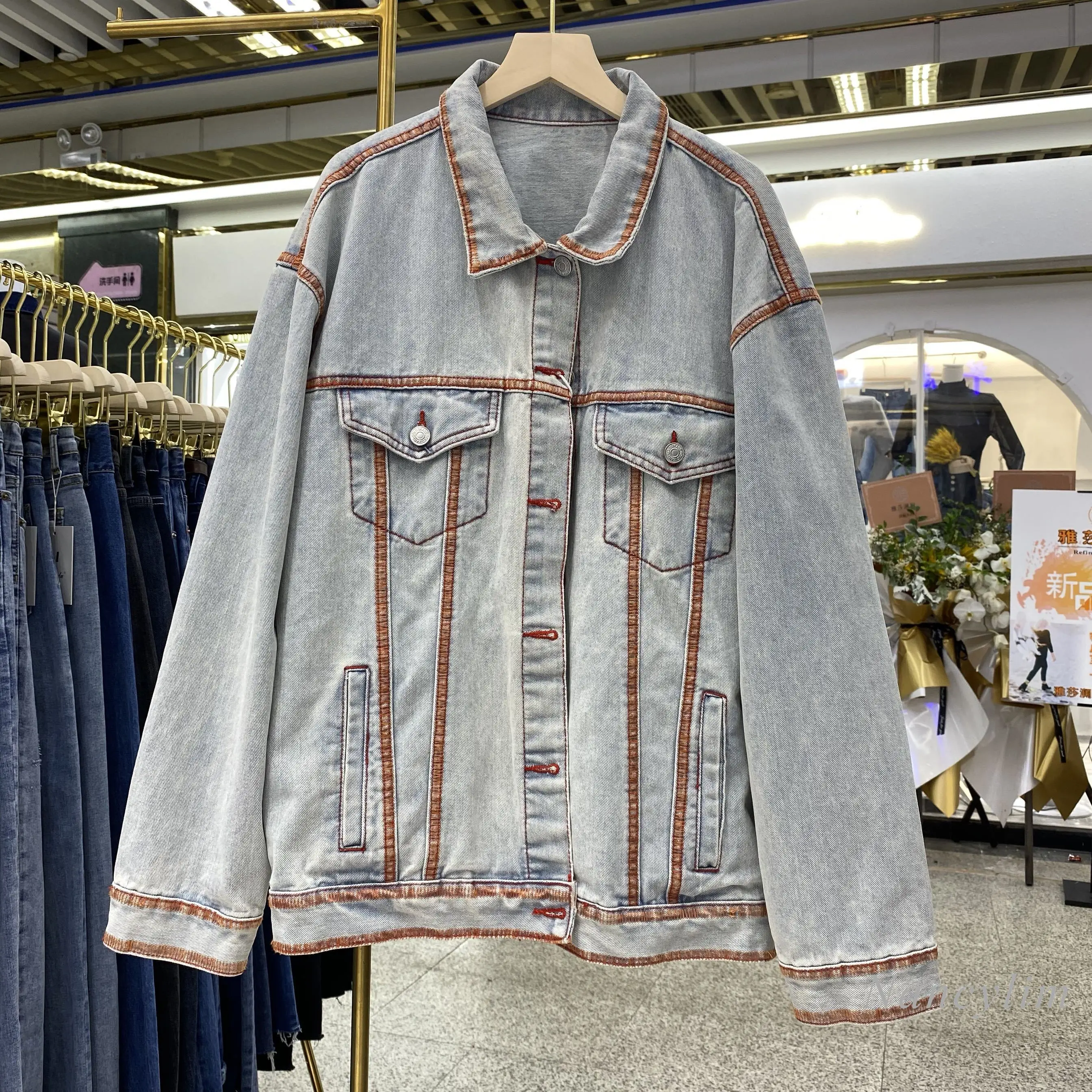 

Vintage Open-Line Light Blue Denim Jacket Women 2020 Spring Autumn New Korean Style Loose Lapels Jean Coat Students Top