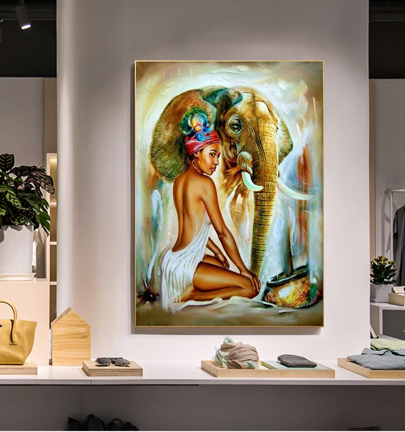 People and Nature Art African Woman and Elephant Canvas Painting Cuadros Posters Print Wall Art for Living Room Home Decor