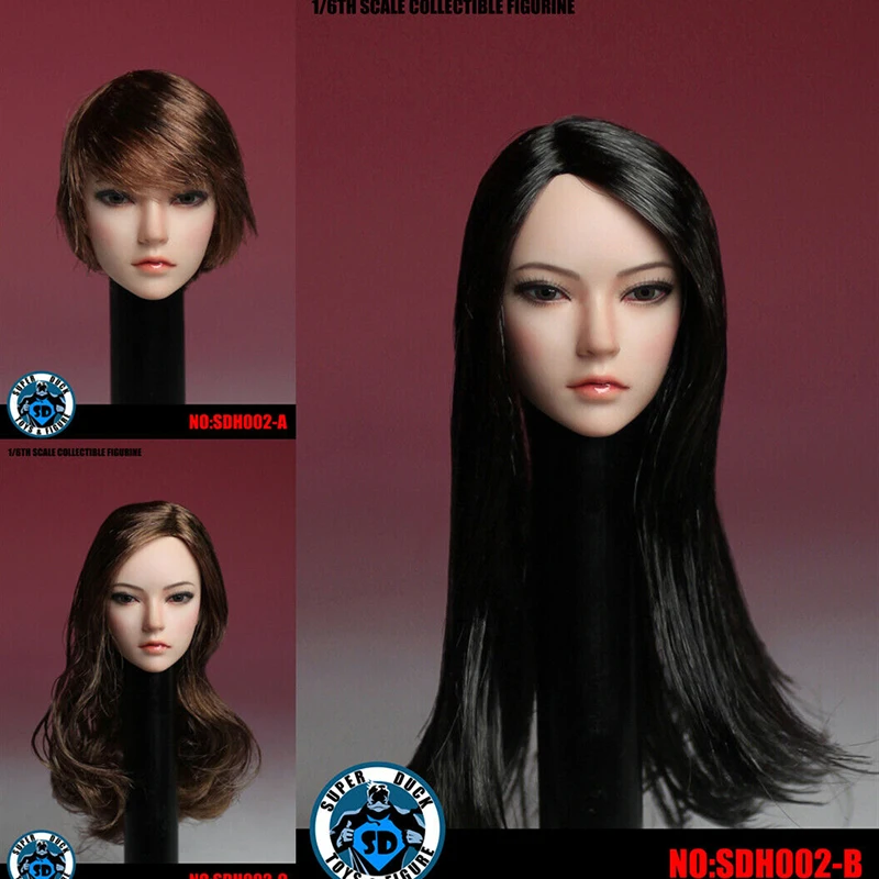 1/6 Female Head sculpt SDH002B LONG BLACK HAIR For 12" PALE Phicen 