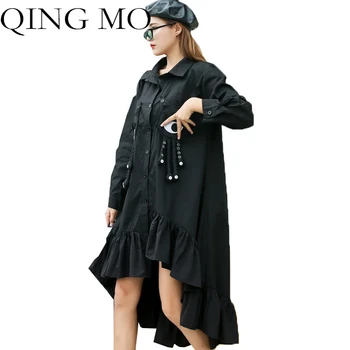 

QING MO Women Large Size Shirt 2020 Autumn Ruffle Shirt Dress Long Sleeve Splicing Shirt Mid-length Irregular Shirt LHXX175
