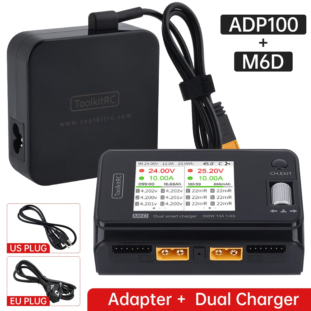 В наличии ToolkitRC M6D 15A x 2 DC двухканальный выход 1 6s зарядное устройство Dis и ADP100 100w 20v 5A