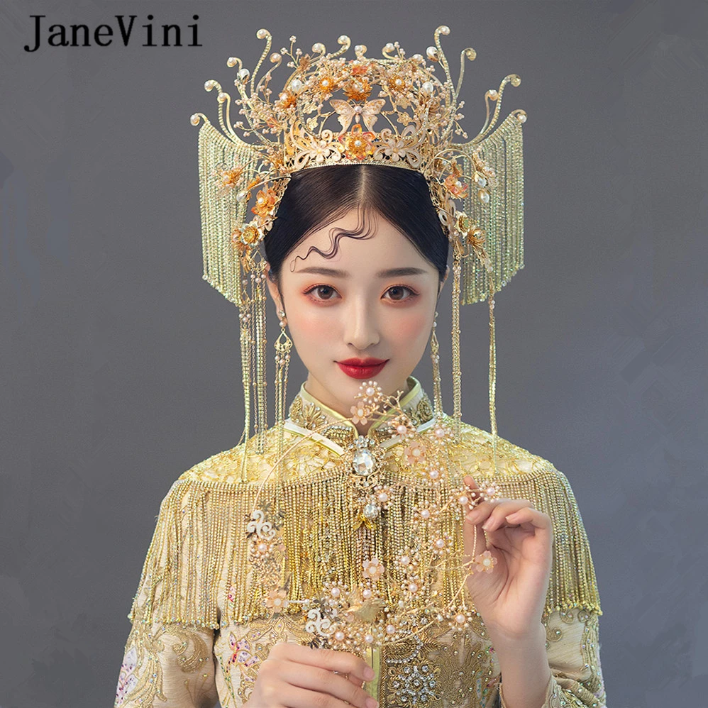 

JaneVini Luxury Chinese Bridal Crowns Costume Gold Floral Hairpins Long Tassel Pearls Wedding Headwear Jewelry Hair Accessories