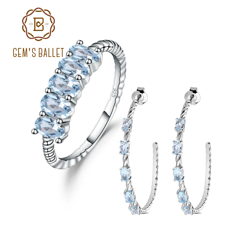 

GEM'S BALLET Classic 925 Sterling Silver Ring Hoop Earrings 4.42Ct Natural Sky Blue Topaz Gemstone Jewelry Set For Women Wedding