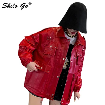 

Leather Jacket Safari Style Peter Pan Collar Rivets Detail Pocket Front Sheepskin Coat Women Spring Casual Plus Size Outwear