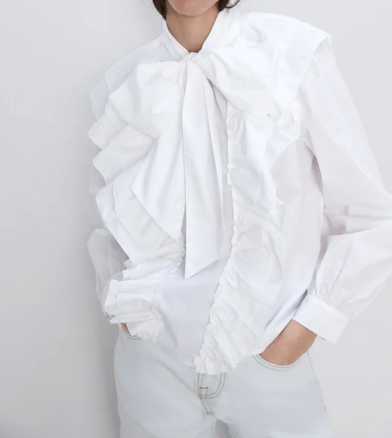 blouse Осень зима стоячий воротник белый длинный фонарь рукав лук Свободная рубашка женская блузка MG459 - Цвет: blouse