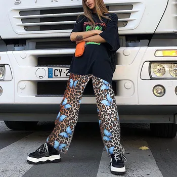 

Women summer Straight Loose Trousers Ladies Streetwear Sexy Fashion Leopard Print Butterfly Print Long Pants Pantalon Femme