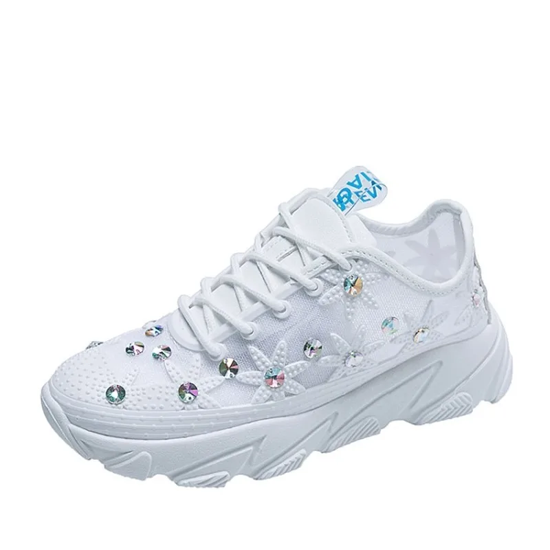 

Spring Female Cute Sweet Mixed Colors Mesh Casual Flats Round Toe Platform Shoes Rhinestone sneakers Chaussure Femme J14-39