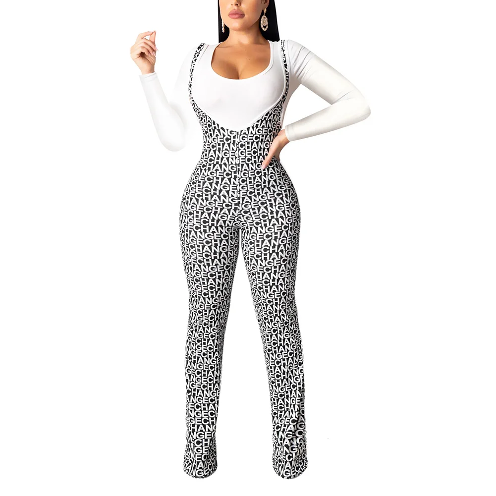 

Fadzeco 2 Piece Outfits Jumpsuit Letter Print Long Sleeve Round Neck White T Shirt and Wide Leg Long Pants Jumpsuit Set