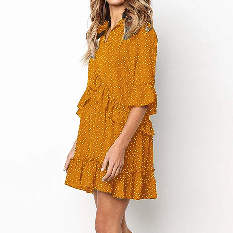 Boho оборками v-образным вырезом Vestidos женщин горошек Kawaii девушки мини-платье А-силуэта 3XL Большие летние Бабочка Половина рукава милое платье