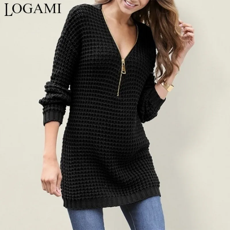 

LOGAMI Zipper V Neck Sweater Dress Women Long Sleeve Spring Autumn Mini Dress Womens Casual Pullover