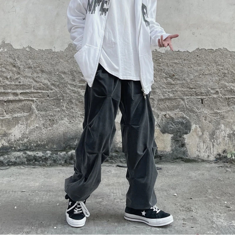Hybskr plisados de Hip Hop para hombre, pantalón de chándal de pierna ancha Harajuku de Color sólido, ropa de calle informal Color negro|Pantalones informales| -