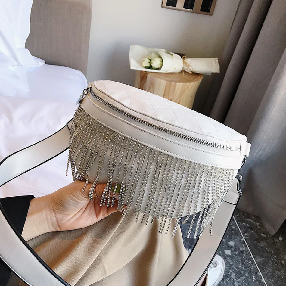 Tassel Waist Bag Women Leather Fashion Fanny Pack Crystal Phone Pouch Girls Chest Belt Bag Black Plaid Shoulder Waist Packs