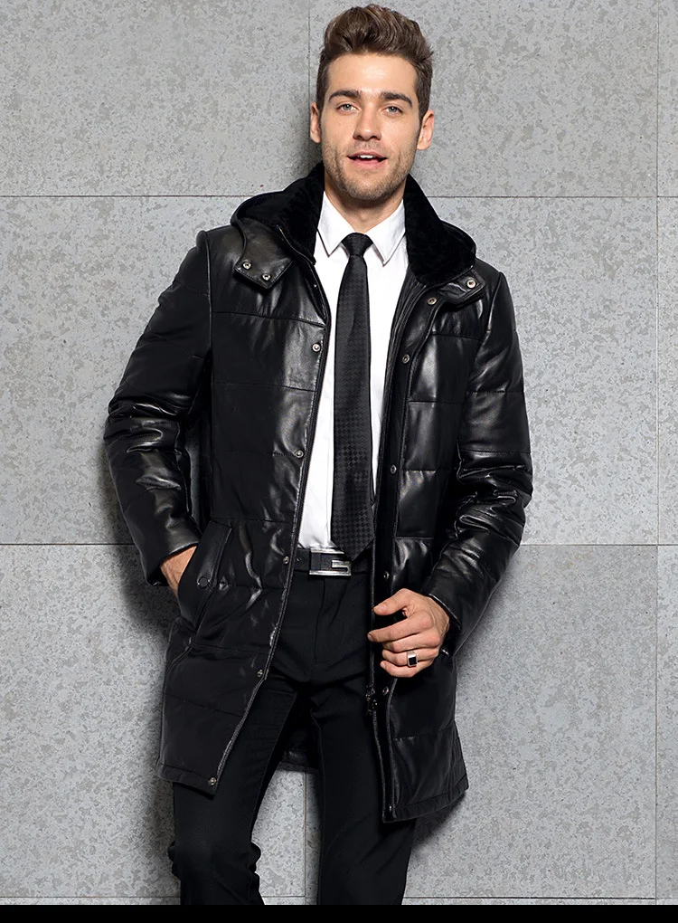 AYUNSUE Winter Genuine Leather Down Jacket Men Hooded Real Sheepskin Long Coat Windbreaker Men Leather Jackets 3377 KJ2995
