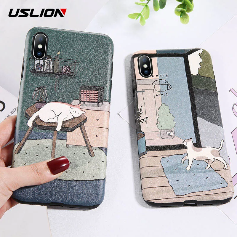 

USLION Silk Texture Cartoon Cats Phone Case For iPhone X XS XR Xs Max Cases For iPhone 6 6s 7 8 Plus Soft TPU Silicone Cover