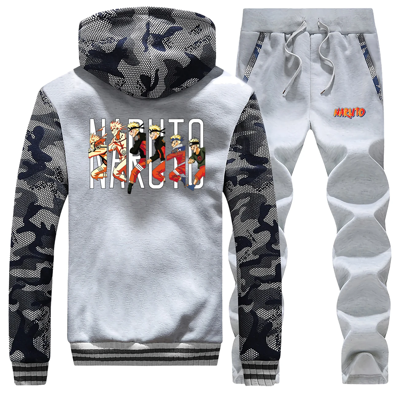 Winter Hot Sale Naruto Camouflage Casual Hoodies Coat Thick Sweatshirt Men Suit Japan Anime Warm Jackets+Pants 2 Piece Set