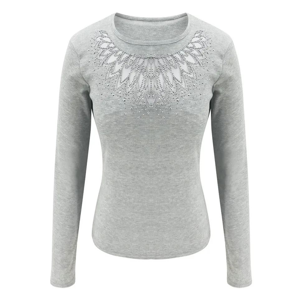 Billige Langarm Shirts Frauen Oansatz Elegante Herbst Winter Slim Fit Sehen Durch Elegante Tops Und Blusen Patchwork Perlen SJ4796R