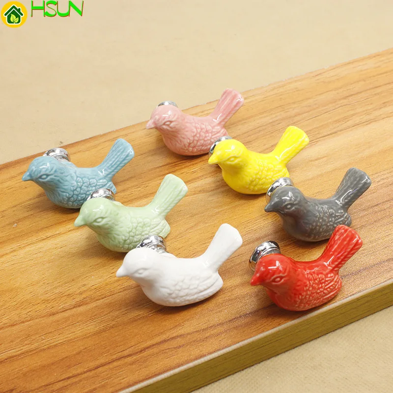 

Colorful Knob Ceramic Dresser Knob Birds Drawer Handles / Green Red Yellow Kitchen Cabinet Pulls Handles For Kids