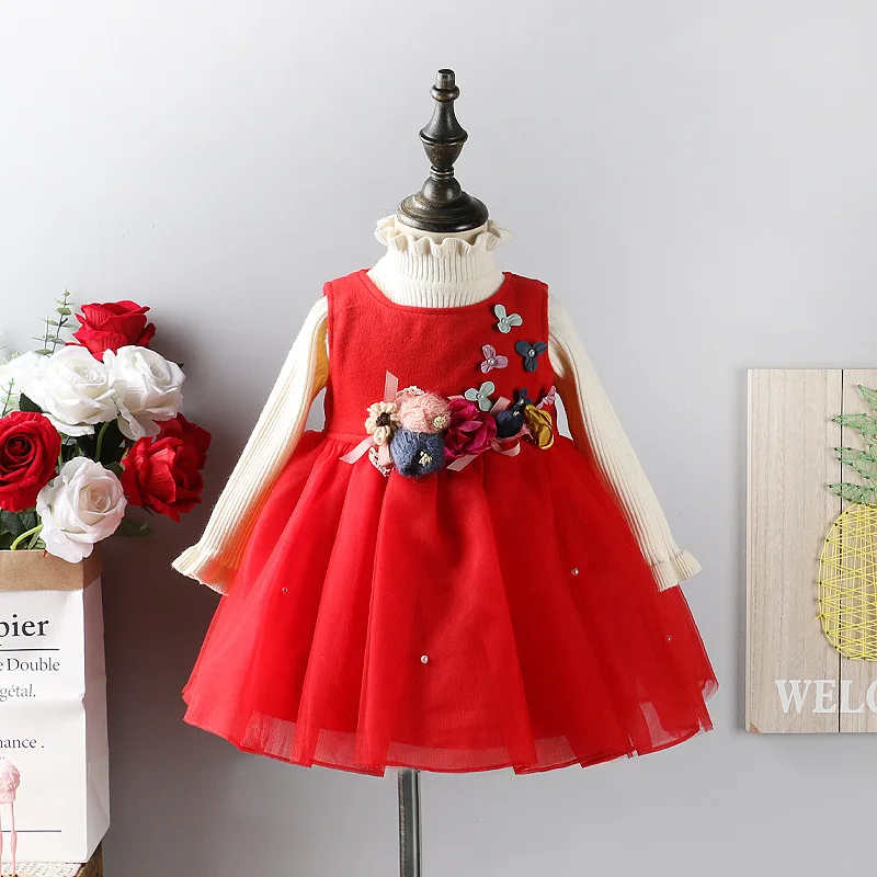 

Formal Dress Girls Autumn And Winter Baby Hundred Days a Year of Age Woolen Princess Skirt Sundress 1-Year-Old Red