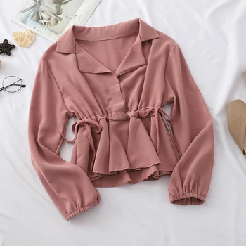 

Spring Long Sleeve Blouse For Women Turn Down Collar Waist Lace Up Solid Blusas Slim Pleated Shirt Autumn Top Women Shirt