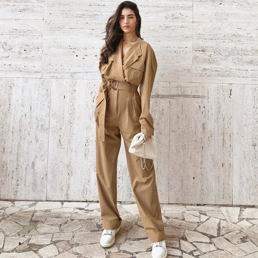 

Women Playsuit Women Rompers And Jumpsuites 2020 Workwear High Waist Female Autumn New Style V Neck Fashion Waist Wide Leg Pants