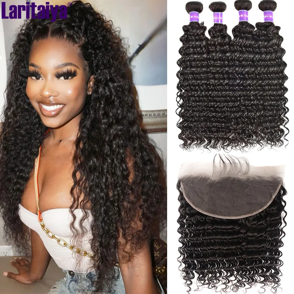 Indian Deep Wave Bundles With Closure 100% Human Hair Deep Curly 2/3 Bundles With Frontal Indain Hair Weave Closure
