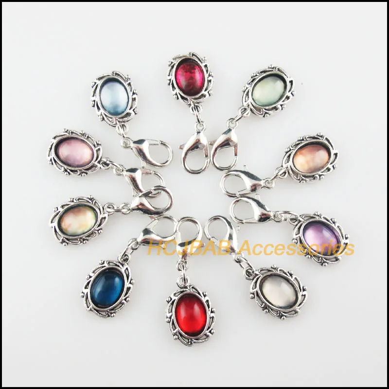 

10 New Oval Flower Charms Mixed Resin Tibetan Silver Tone With Lobster Claw Clasps Frame Pendants 11x15mm