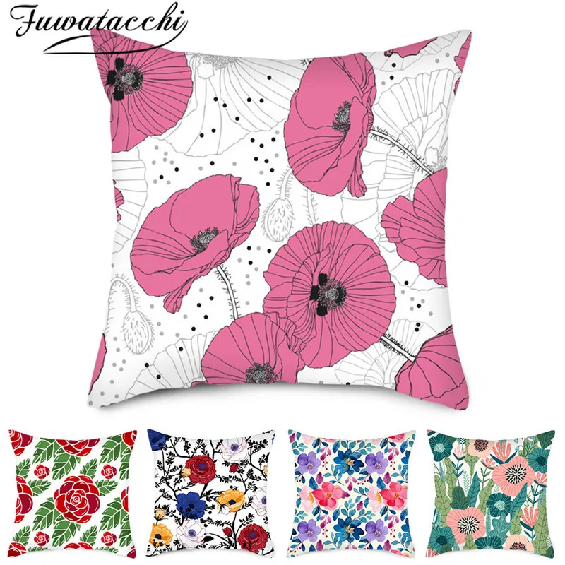 Fuwatacchi Plant Leaves Painted Cushion Cover Blooming Flowers Pillow For Home Car Sofa Chair Decoration White Pillowcases | Дом и сад