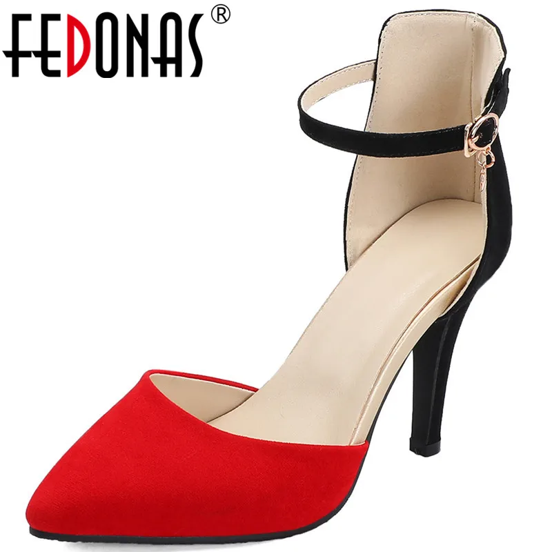 

FEDONAS Brand Women Slip On Pumps Point Toe High Fine Heels Mwtal Decotation Summer Sandals Party Prom New 2020 Shoes Woman