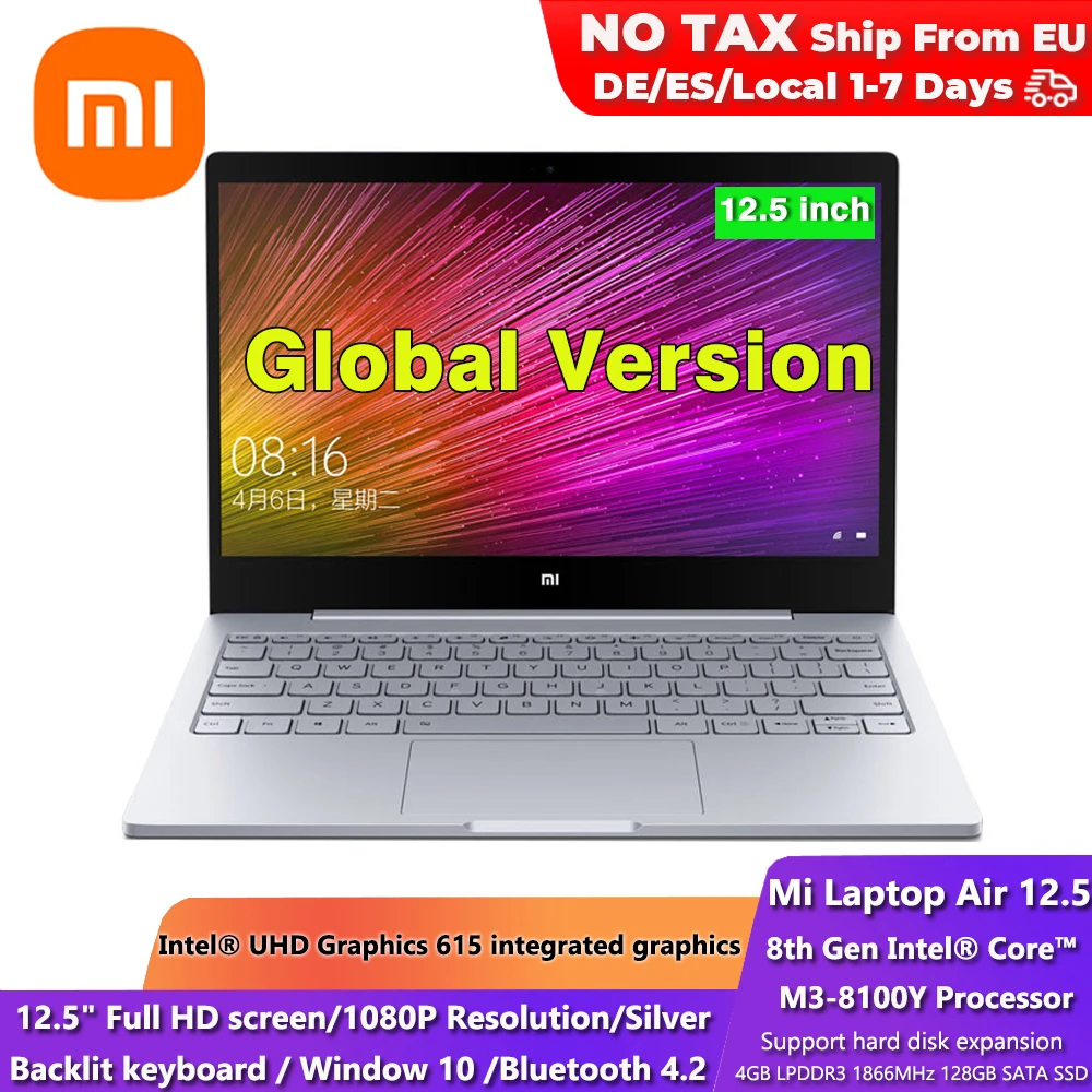 Barato 2019 Xiaomi portátil de aire 12,5 "Intel Core M3-8100Y Dual Core Notebook 4GB RAM 128GB SSD Dual banda Windows10 1080P HD Cámara znwMq9wR