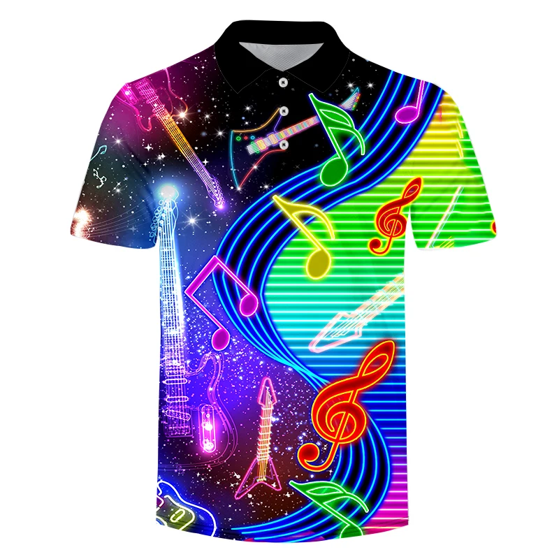 

Мужская рубашка-поло для гольфа, Новинка лета 2021, красочные блестящие Топы в полоску с отложным воротником и с музыкальными нотами на гитаре, одежда контрастных цветов