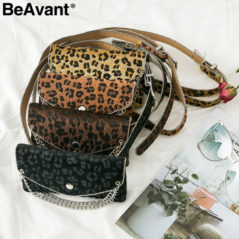 

BeAvant Leopard print fanny pack Women chain waist cummerbunds belt waist bag small Phone pouch bum bag waist pack heupt