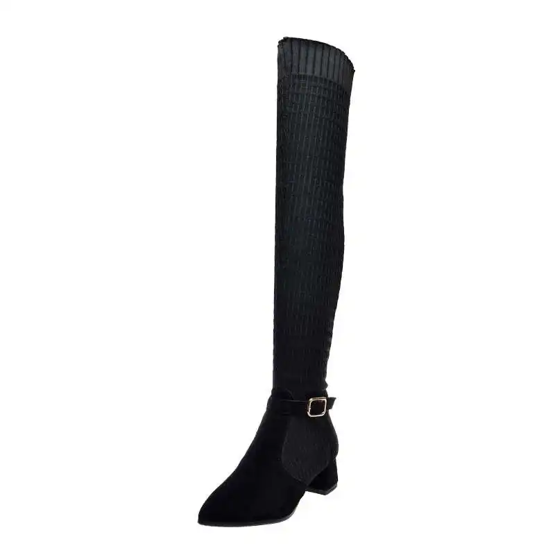 Vichelo Hot Internet star cow suede stretch fabric pointed toe med heels buckle straps winter women warm over-the-knee boots L77
