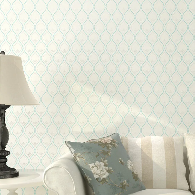 Modern Chinese Style Grid Wallpapers Roll Beige Blue Non Woven Small Damask Floral Lattice Wall Paper For Living Room Walls |