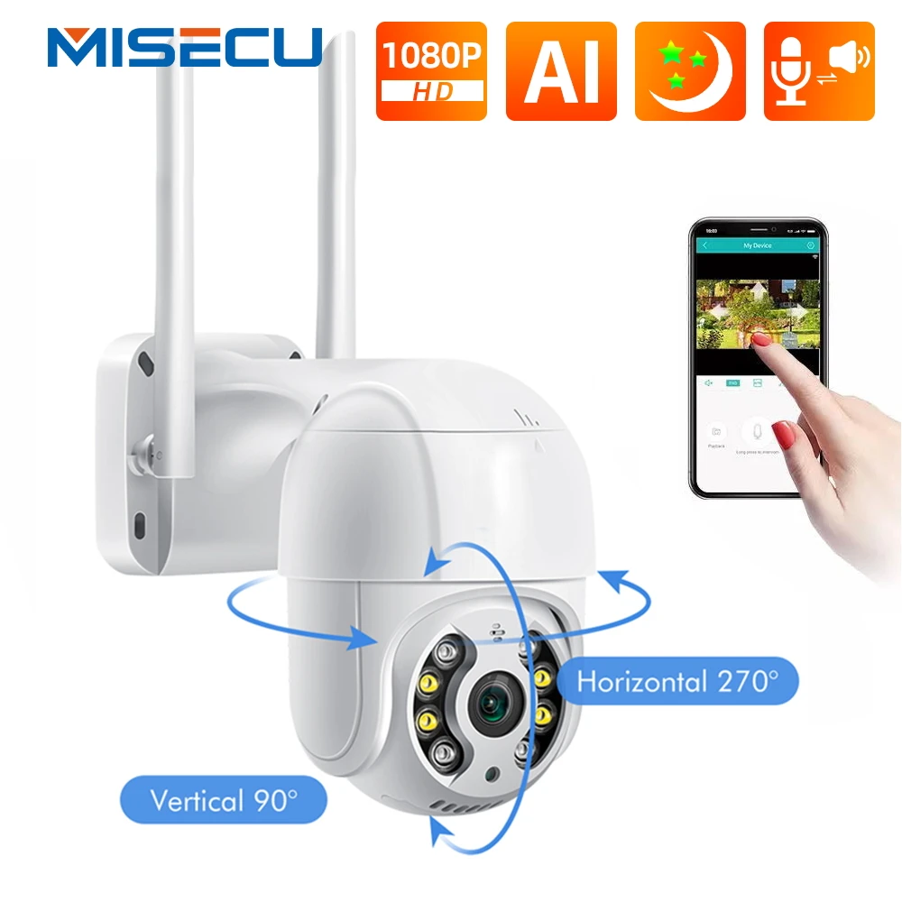 MISECU 1080P Wifi AI Camera Outdoor 2MP Home Security IP PTZ Camera Wireless Dome Camera Color Night Vision 2-Way Audio Record