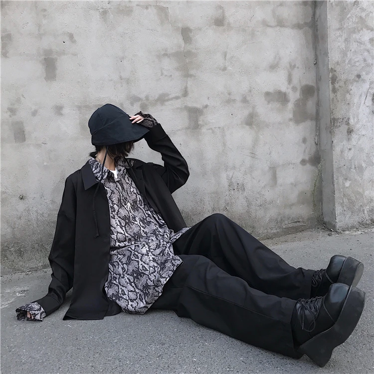 Woherb Harajuku стиль свободная рубашка бойфренда блузка с длинным рукавом змеиный принт Поддельные 2 шт. уличная Blusas для женщин и мужчин одежда Топ