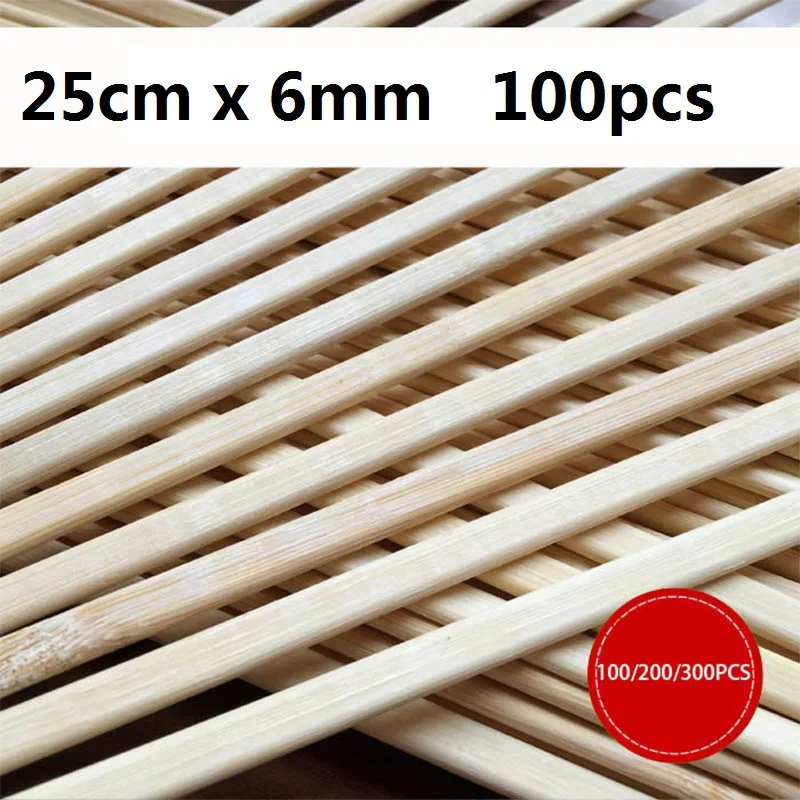 100-300pcs Disposable Bamboo Skewers Natural Wood Flat BBQ Skewer Sticks Party BBQ Accessories Restaurant Utensils 25cm*6mm