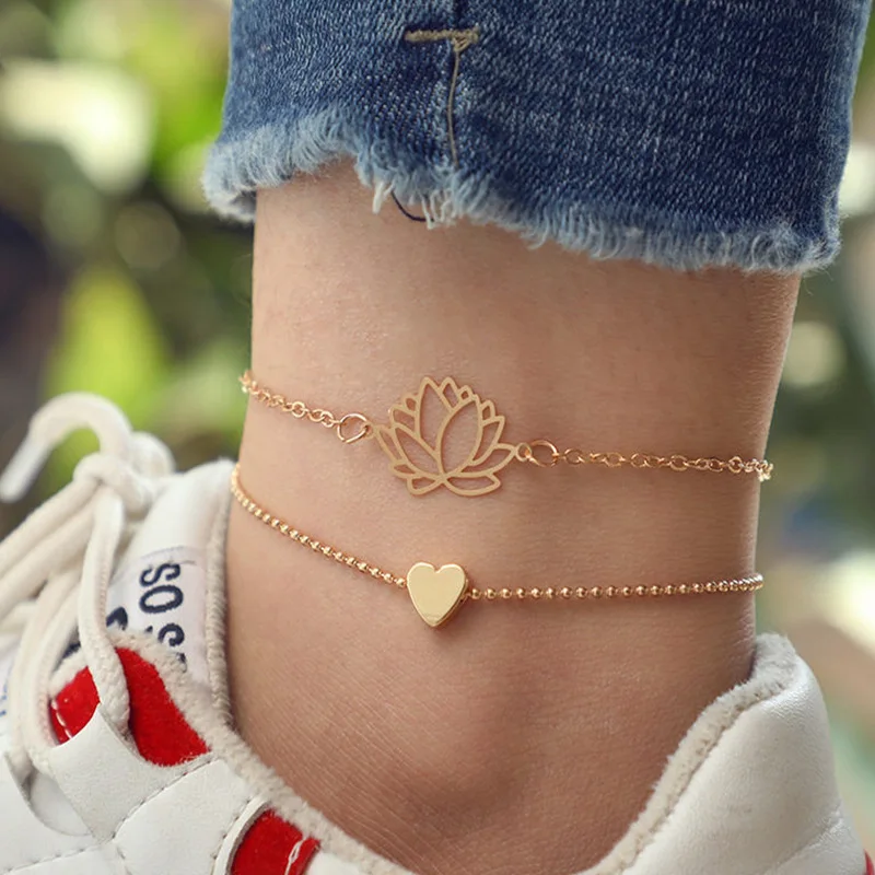 new lotus ankle bracelet for women boho summer beach double chain heart anklets on the leg foot jewelry | Украшения и аксессуары